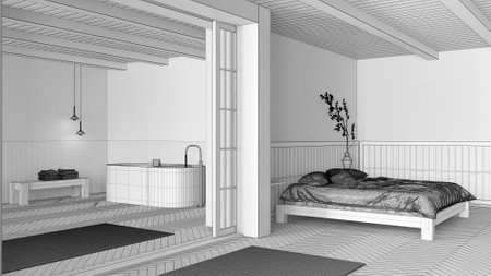Blueprint unfinished project draft, minimal japandi bedroom and bathroom. Double bed with pillows, freestanding bathtub and herringbone parquet floor. Modern interior designの写真素材