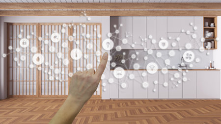 Glowing smart home interface, geometric background, connected line and dots showing internet of things system, hand pointing icons over japandi kitchen, home automation conceptの写真素材