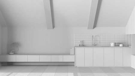 Total white project draft, minimal wooden kitchen with sloping ceiling and herringbone parquet. Cabinets and appliances. Japandi scandinavian style, attic interior designの写真素材