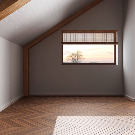 Dark late evening scene, empty room interior design, open space with parquet floor, wooden sloping ceiling and panoramic window, modern japandi architecture concept ideaの写真素材