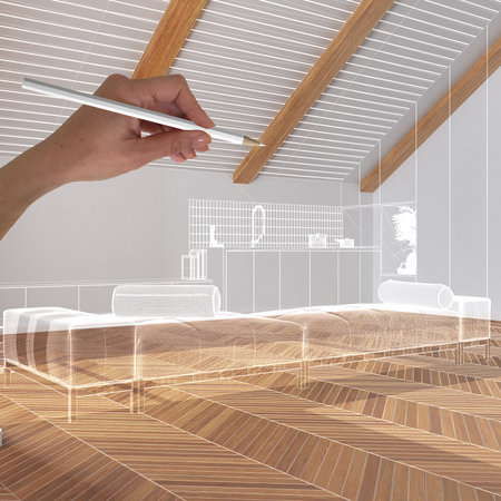 Empty white interior with wooden parquet floor, hand drawing custom architecture design, white ink sketch, blueprint showing japandi minimal living room and kitchenの写真素材