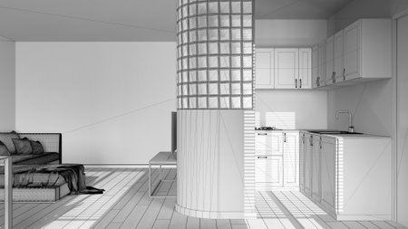 Blueprint unfinished project draft, minimal modern kitchen and living room. Glass block wall over cabinets and appliances. Sofa and tv stand. Japandi wooden interior designの写真素材