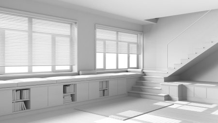 Total white project draft, wooden hallway living room. Bench with cabinets and pillows, minimal staircase and panoramic windows. Parquet, scandinavian interior designの写真素材