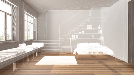 Empty white interior with parquet floor, custom architecture design project, white ink sketch, blueprint showing minimal bedroom with staircase, japandi interior designの写真素材