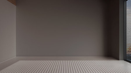 Dark late evening scene, empty room interior design, open space with resin floor, wooden beams...