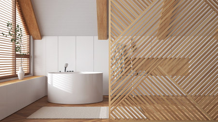 Wooden panel close-up, white minimal bathroom with round bathtub. Zen interior design concept idea, contemporary architecture templateの写真素材