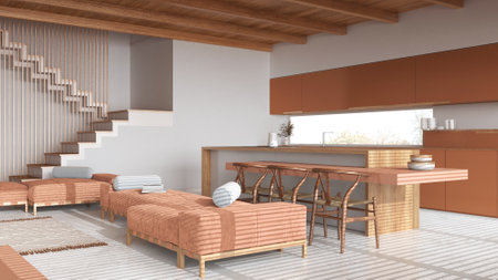 Modern wooden living room and kitchen in white and orange tones. Sofas, island with chairs and resin...