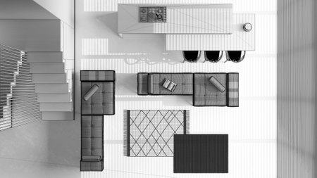 Blueprint unfinished project draft, minimal wooden kitchen with island and living room. Resin floor, island, sofa, and carpets. Top view, plan, above. Japan of interior designの写真素材