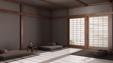 Dark late evening scene, minimal meditation room with pillows, tatami mats and decors. Wooden beams and resin floor. Japan of interior designの写真素材