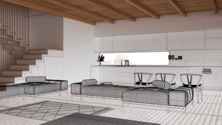 Empty white interior with resin floor, custom architecture design project, black ink sketch,...