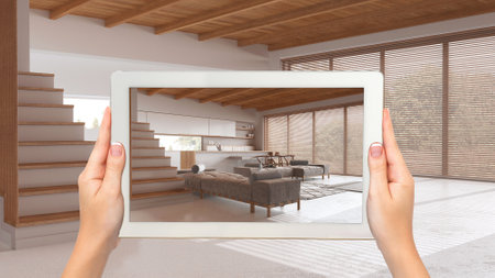 Augmented reality concept. Hand holding tablet with AR application used to simulate furniture and design products in empty wooden interior, minimal kitchen and living roomの写真素材