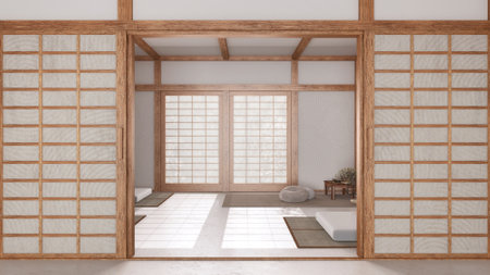 Minimal meditation room in white and beige tones with paper door. Capet, pillows and tatami mats. Wooden beams and wallpaper. Japan of interior designの写真素材