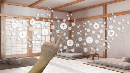 Glowing smart home interface, geometric background, connected line and dots showing internet of things system, hand pointing icons over meditation room, home automation conceptの写真素材