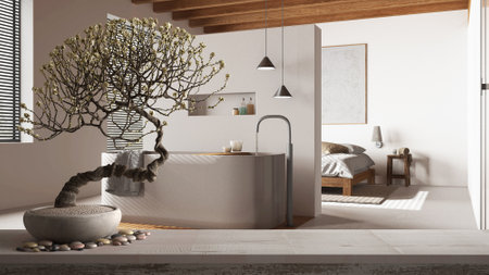 Vintage wooden table shelf with pebble and potted bloom bonsai, white flowers, over minimal white bathroom with bathtub, japandi architecture concept ideaの写真素材