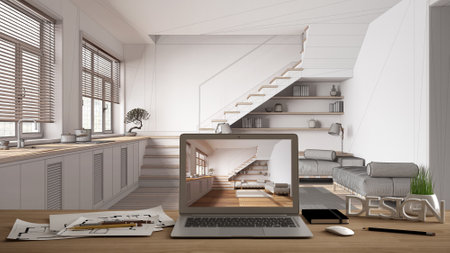 Architect designer desktop concept, laptop on wooden work desk with screen showing interior design...