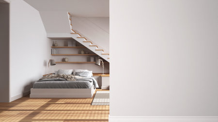Modern white bedroom with staircase on a foreground wall, interior design architecture idea, concept with copy space, blank background, template, mock upの写真素材