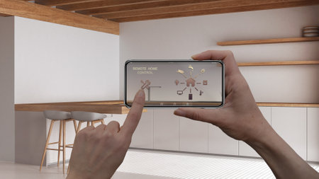Smart remote home control system on a smart phone. Device with app icons. Interior of minimal...
