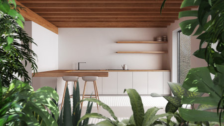 Jungle frame, biophilic idea. Tropical leaves over minimal white kitchen with island and stools....