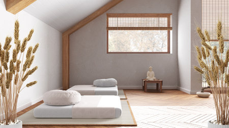 Potted straws with pebbles, dry plants, ornament, ears, sheaf, branch in vase, over minimal meditation room with paper door and resin floor, modern minimal interior designの写真素材