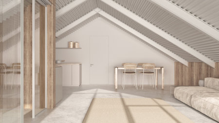 Contemporary attic in white and bleached tones. Kitchen, living and dining room with sofa and table. Iron beams and resin floor. Minimalist interior designの写真素材