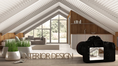 Architect photographer designer desktop concept, camera on wooden work desk with screen showing interior design project in the background, minimal kitchen and living roomの写真素材