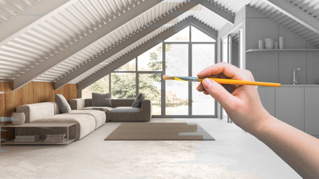 Blueprint project draft, sketch of minimal attic living room and kitchen, hand painting interior details, design concept idea, parquet floor, custom furnitureの写真素材