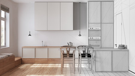 Architect interior designer concept: hand-drawn draft unfinished project that becomes real,...