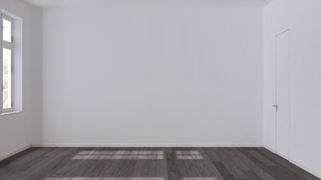 Empty room interior design, open space with dark parquet floor, window and white walls, modern...