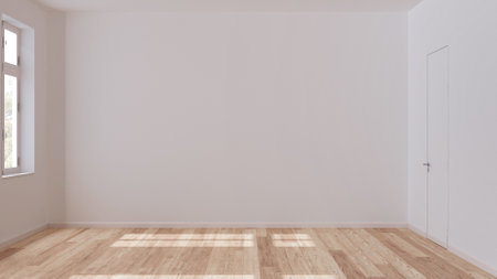 Empty room interior design, open space with parquet floor, window and white walls, modern...
