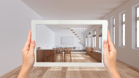 Augmented reality concept. Hand holding tablet with AR application used to simulate furniture and design products in empty wooden interior, minimal living room, kitchen with islandの写真素材