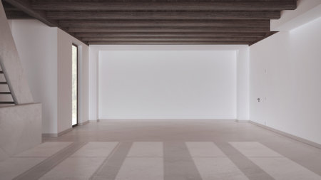 Empty room interior design, open space with resin floor, window and white walls, dark wooden beams...