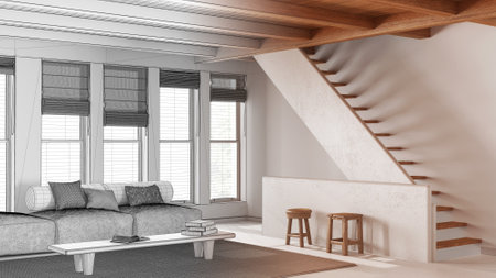 Architect interior designer concept: hand-drawn draft unfinished project that becomes real, minimal modern living room with wooden beams ceiling. Japan di styleの写真素材