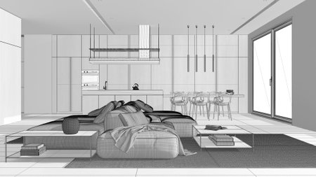 Blueprint unfinished project draft, minimal wooden kitchen with dining island and living room. Sofa...
