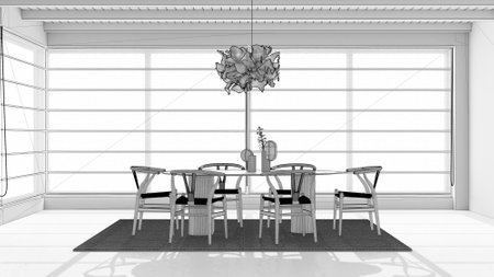 Blueprint unfinished project draft, minimal modern wooden dining room with table and chairs. Beams ceiling. Elegant interior designの写真素材