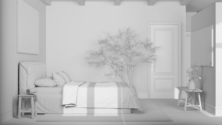 Total white project draft, scandinavian nordic wooden bedroom with double bed. Parquet floor and beams ceiling. Japandi interior designの写真素材