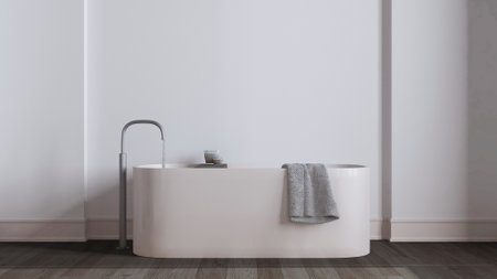 Minimalist nordic dark wooden bathroom close up in white and beige tones. Freestanding bathtub, wallpaper and decors. Scandinavian interior designの写真素材