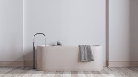 Minimalist nordic bleached wooden bathroom close up in white and beige tones. Freestanding bathtub, wallpaper and decors. Scandinavian interior designの写真素材