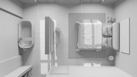 Total white project draft, scandinavian nordic wooden bedroom and bathroom. Double bed and bathtub, walk in closet. Top view, plan, above. Minimal interior designの写真素材