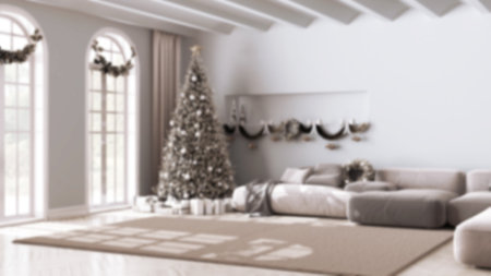Blurred background, winter, Christmas, New Year interior design in minimal living room with parquet and vaulted ceiling. Sofa and carpet, minimal architectureの写真素材