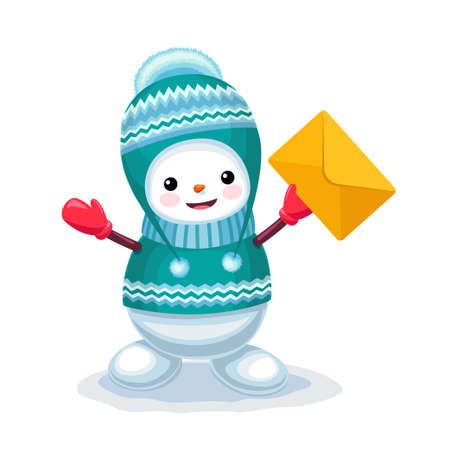 Vector illustration of cute snowman with a letter envelope on his hand isolated on white backgroundのイラスト素材