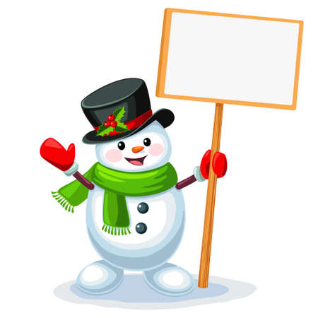 Vector illustration of cute snowman holding a blank sign board with space for message isolated on white backgroundのイラスト素材