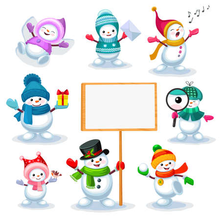 Vector set of cute snowmen in various poses isolated on white backgroundのイラスト素材