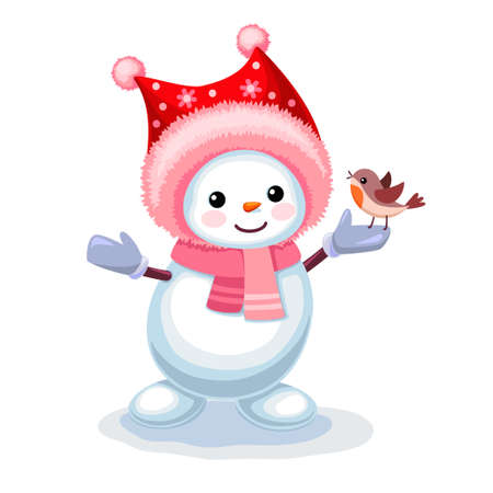 Vector illustration of cute snowman with a small bird on his hand isolated on white backgroundのイラスト素材