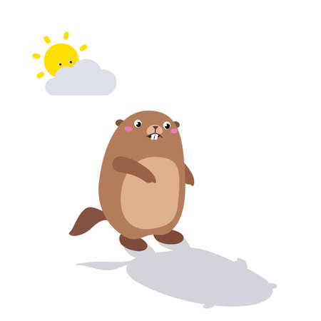 Vector illustration of groundhog looking at his shadow. Flat styleのイラスト素材