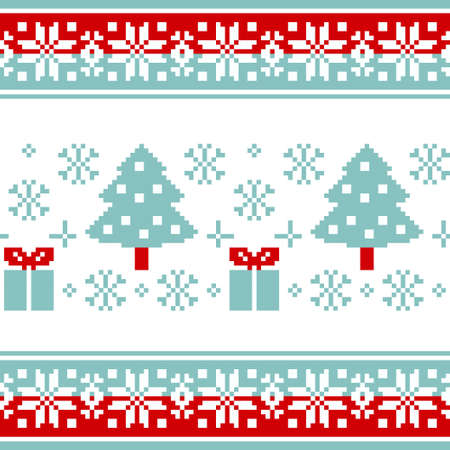 Vector pattern for knitting or embroidery with Christmas trees, gifts and colorful bordersのイラスト素材