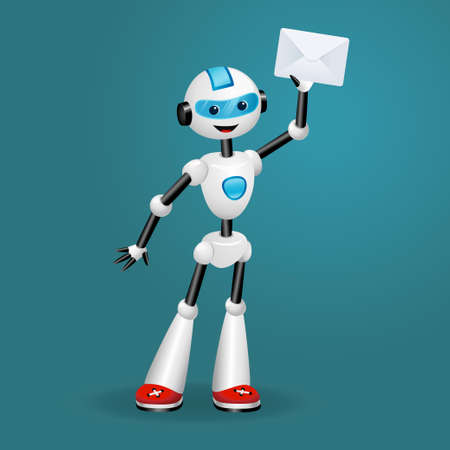 Vector illustration of cute robot holding an envelope on blue backgroundのイラスト素材