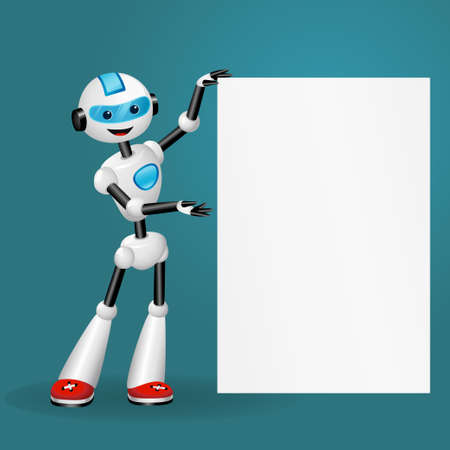 Vector illustration of cute robot holding blank white poster for text on blue backgroundのイラスト素材