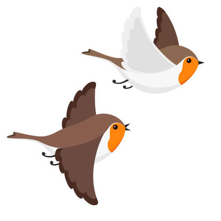 Vector illustration of cartoon flying robins isolated on white backgroundのイラスト素材