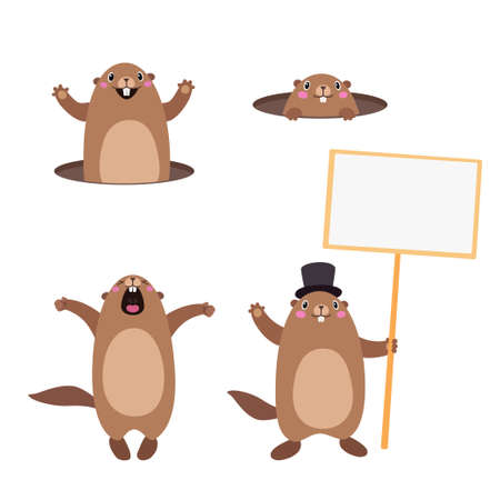 Vector Set of groundhog popping out of his hole and holding a blank sign board for message. Flat styleのイラスト素材
