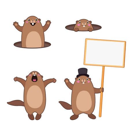 Vector Set of groundhog popping out of his hole and holding a blank sign board for message. With cartoon outlinesのイラスト素材